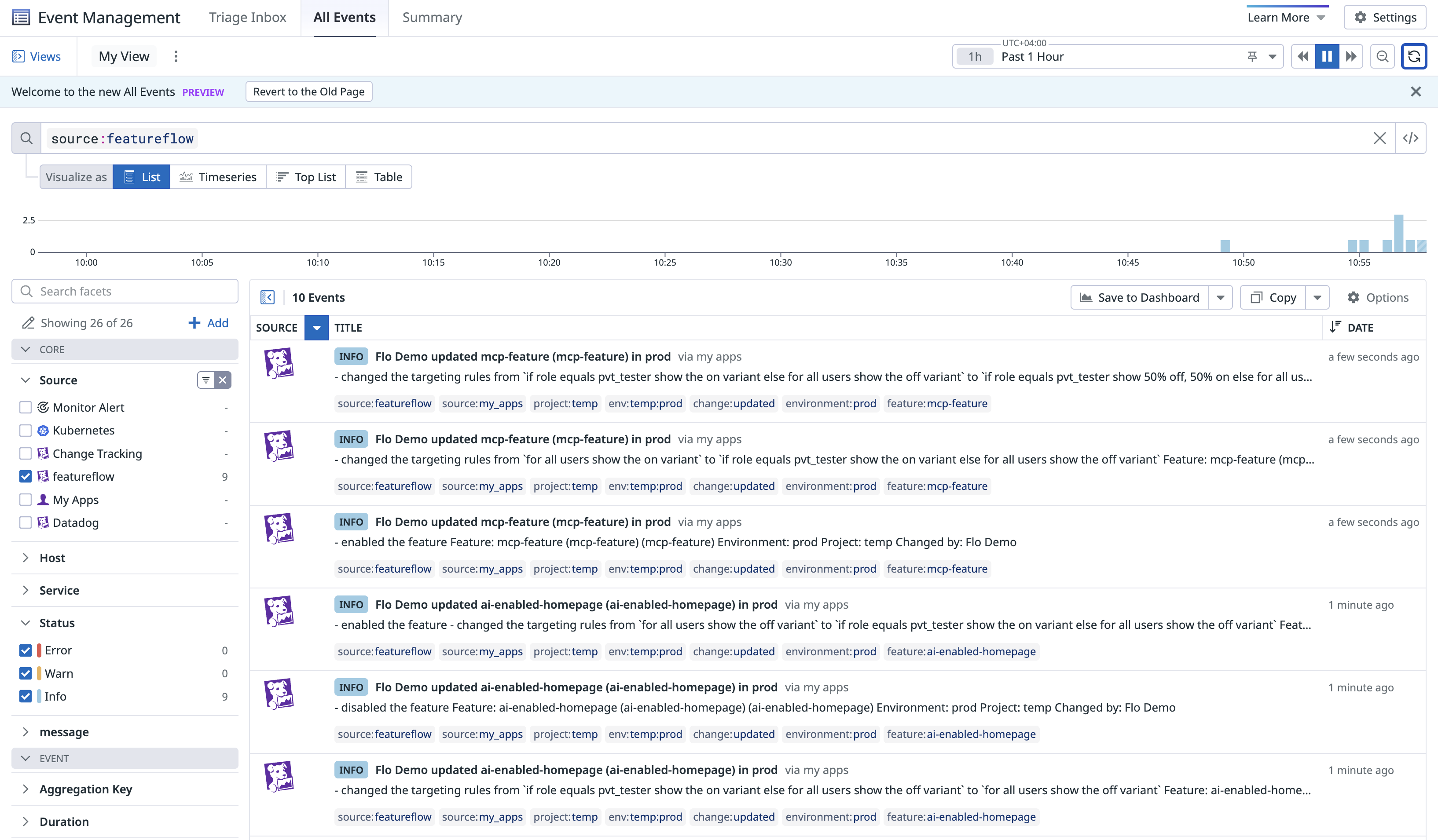 Datadog Event Management filtered to source
