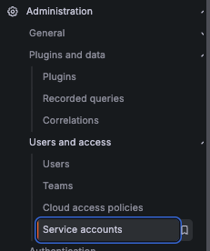 Grafana service accounts menu