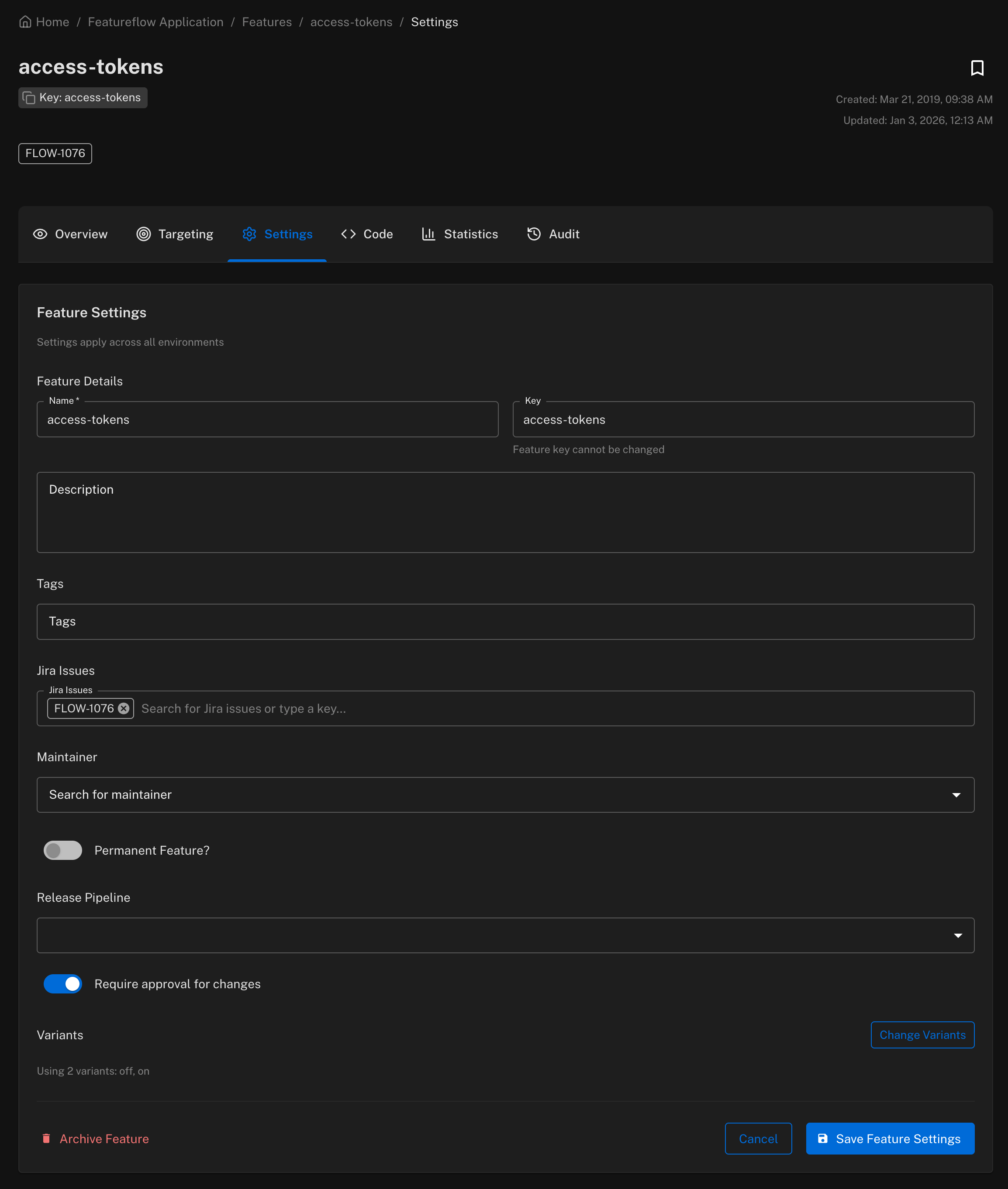 Feature settings - require approval