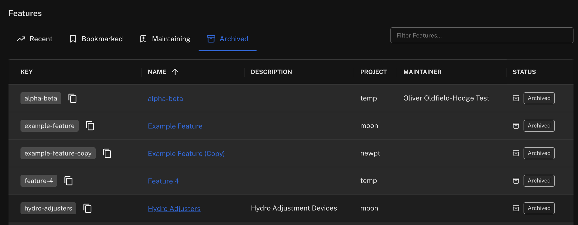 Archived features list