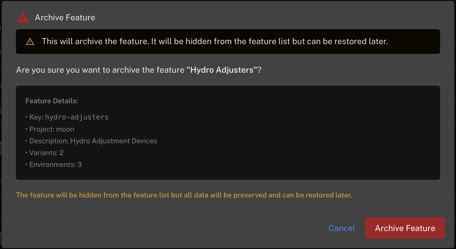 Archive feature confirmation