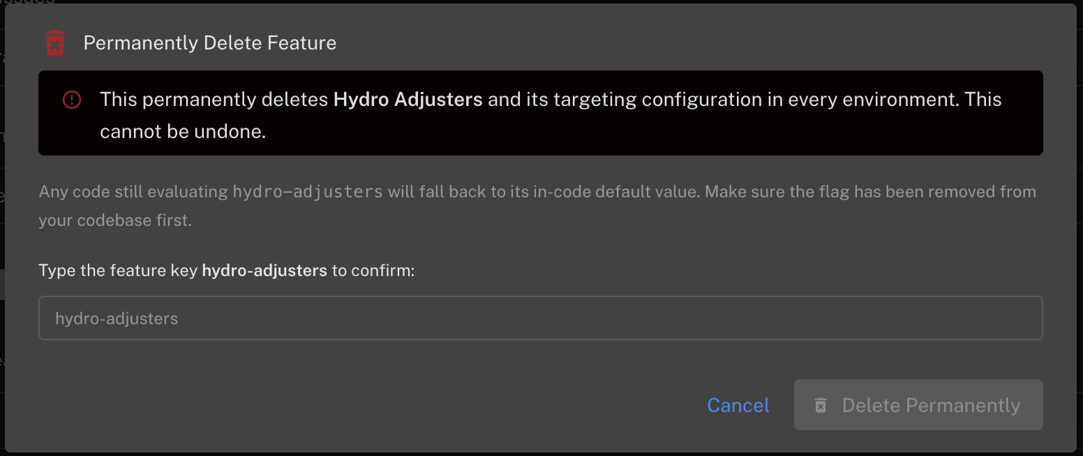 Permanently delete feature confirmation