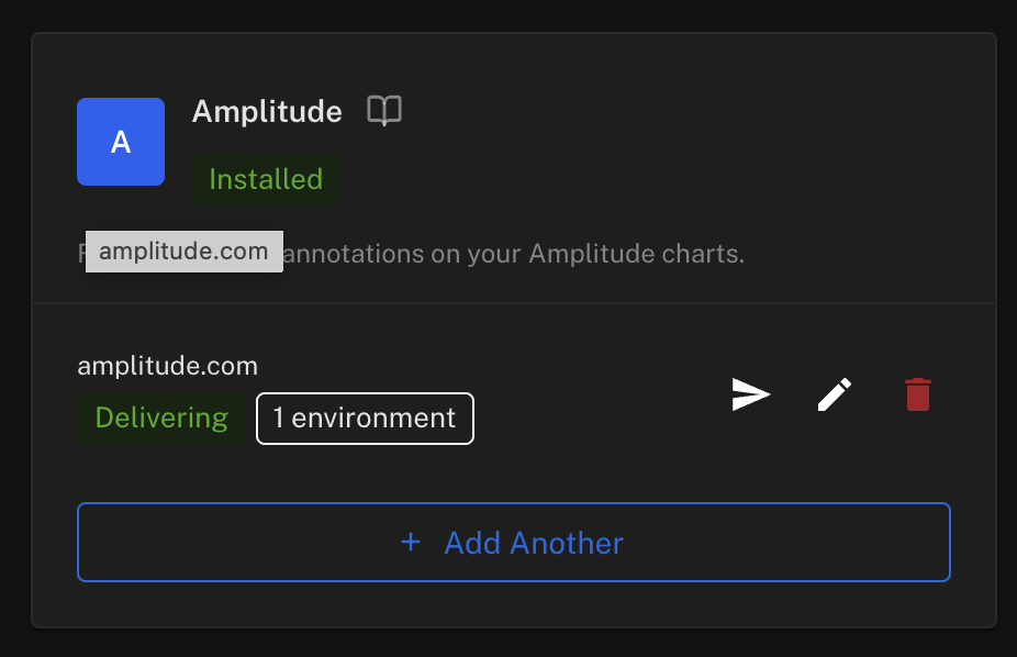 The Amplitude integration card showing Installed and Delivering statuses