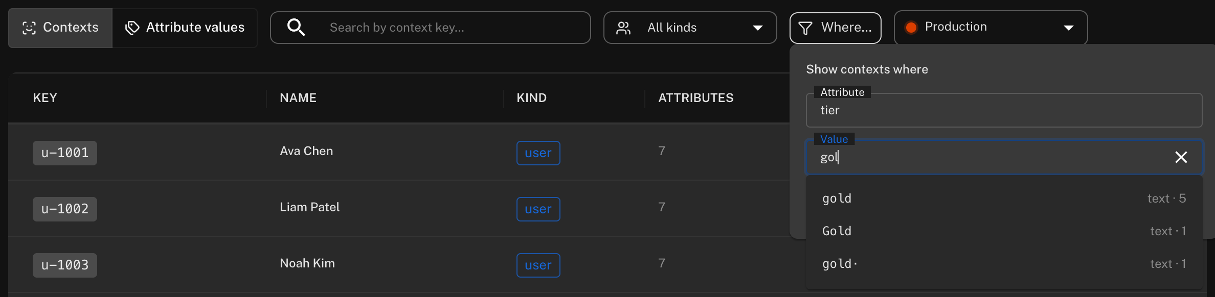 Filtering the list to contexts where tier is gold, with recorded values suggested