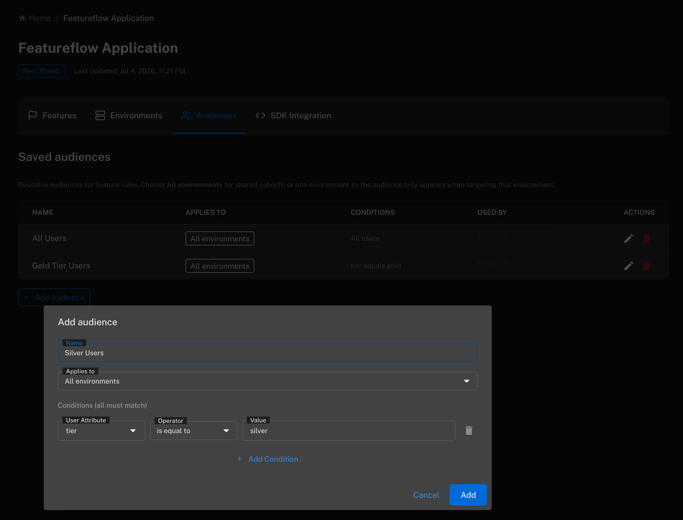 Add audience from the project Audiences tab